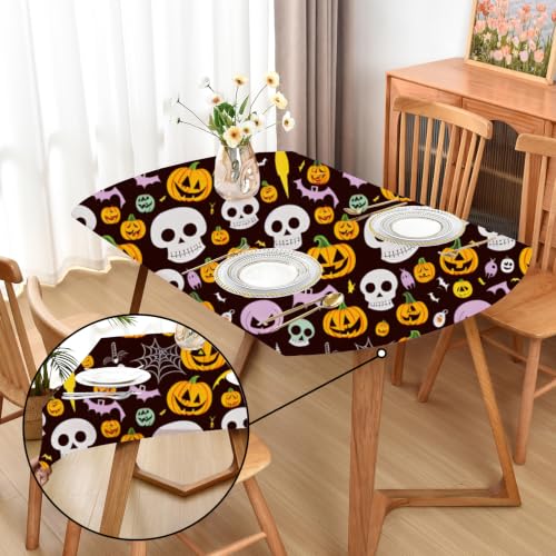 Halloween Pattern Fitted Oval Tablecloth 42x60 Inch Stretchy Spandex Skull Design - Black