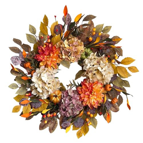 24-Inch Autumn Front Door Wreath with Hydrangea, Dalia and Pumpkins - Fall Decor