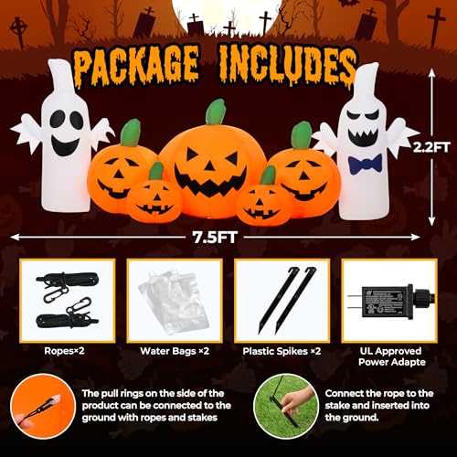 Inflatable Pumpkin Ghost Family Halloween Decor Set with LED Lights - 7.5FT Outdoor Pumpkin Decoration