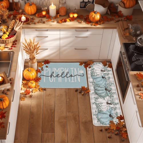 Hello Pumpkin Fall Kitchen Mats Set of 2 - 17x29 & 17x47 Inches, Blue