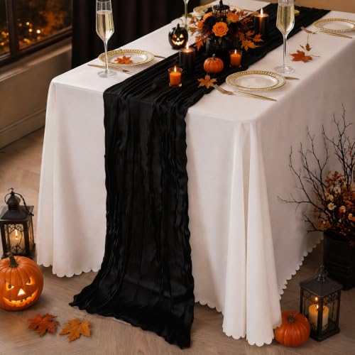 Black Cheesecloth Table Runner Set - 3 Pack 35x120 Inches for Halloween and Events - Boho Rustic Decor