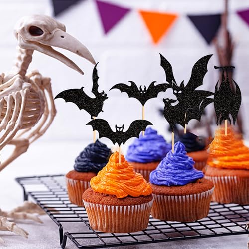 Halloween Bat Cupcake Toppers - Black Glitter Silhouette, Pattern 16, 24 Pack