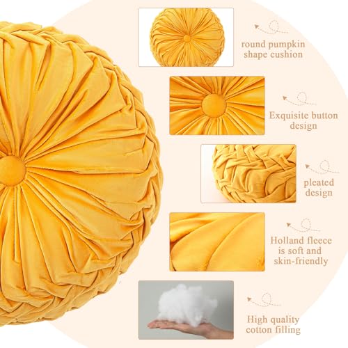 15-Inch Round Pumpkin Throw Pillow - Yellow Fall Decorative Pillow - Ruffle Design