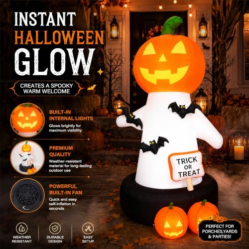 White 6 Ft Tall Halloween Inflatable Pumpkin with Bat & Trick or Treat LED Decor