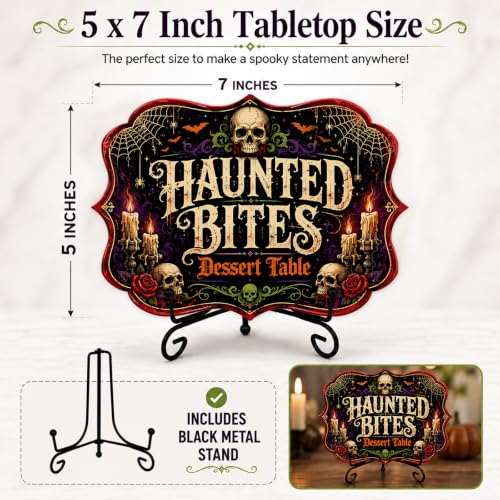 Halloween Dessert Table Sign - Haunted Bites Skull Wooden Snack Decor with Iron Stand