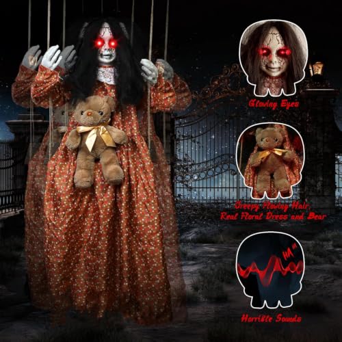 3.9 Ft Halloween Animatronic Hanging Girl with Creepy Sound Light Eyes Indoor Outdoor Decor