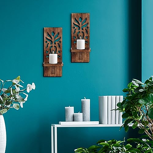 Burnt Wood Wall Sconces Set of 2 - Rustic Carved Pillar Candle Holders, 16 Inch, Farmhouse Style