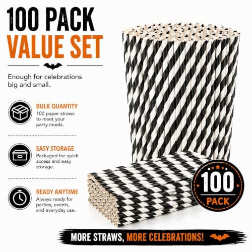 Black and White Striped Paper Straws - 100 Pack, 7.75 Inch Disposable Drinking Straws, Party & Event Use