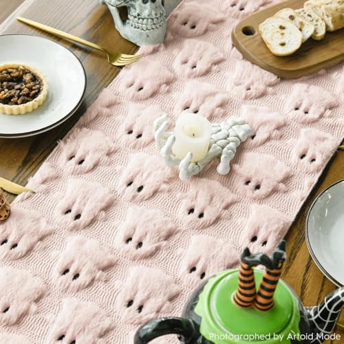 Pink Faux Fur Ghost Halloween Table Runner 13x72 Inch - Artoid Mode