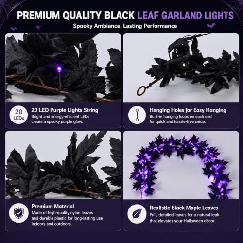 Black Halloween Garland with Purple String Lights - 6FT Battery Operated Decor