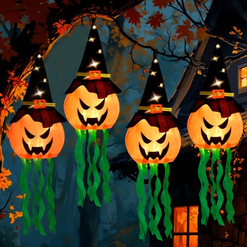 Halloween Glowing Pumpkin Witch Hat Decorations Set - 4 Pack with 3 Light Modes