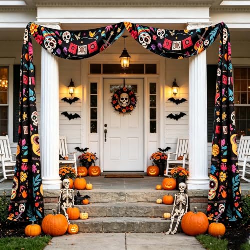 Dia De Los Muertos Porch Banner with Light - Sugar Skull & Floral Design, Ghost Lamp Variation