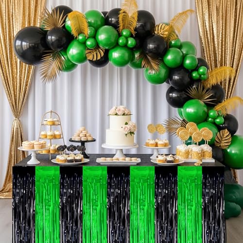 Black Green Metallic Foil Fringe Table Skirts 2 Pack Party Decorations for Graduation Baby Shower Halloween