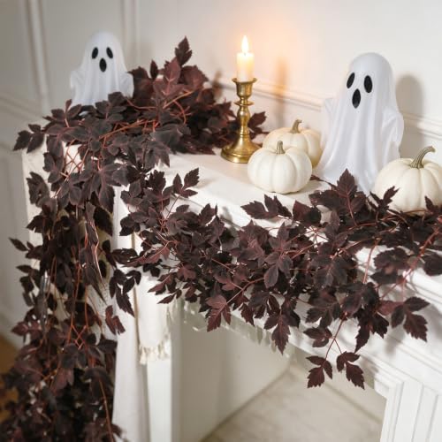 Dark Burgundy 27ft Fall Garland Set - Autumn Maple Leaves for Mantle & Porch Decor