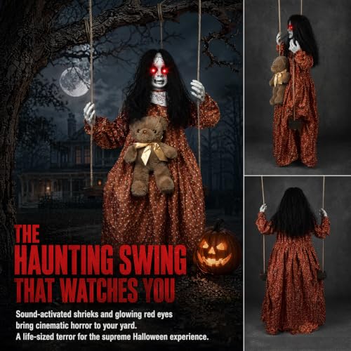 3.9 Ft Halloween Animatronic Hanging Girl with Creepy Sound Light Eyes Indoor Outdoor Decor