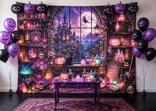 Halloween Witch Library Backdrop - 10x8FT Spooky Gothic Party Decoration