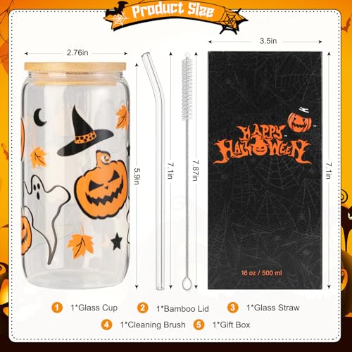 Halloween Pumpkin Ghost Glass Cup with Lid and Straw - Orange Pumpkin Variation