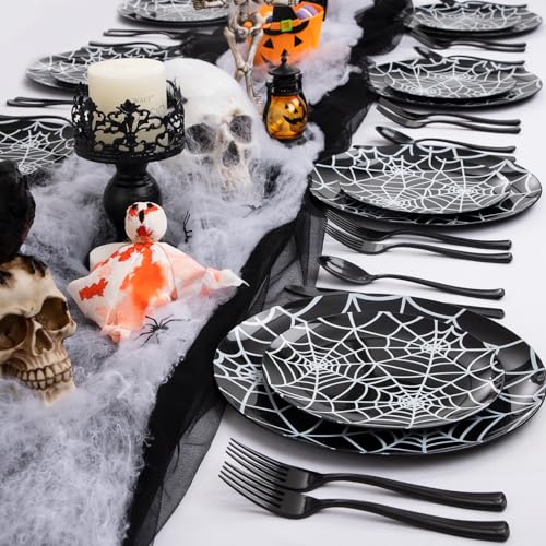 Black Halloween Disposable Plates Set for 30 Guests - Web Design, Party Supplies