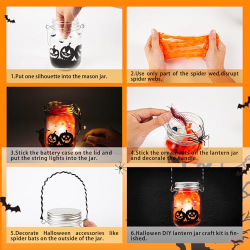 8 Pack Halloween Mason Jar Craft Kit with LED Lights and Accessories for Kids