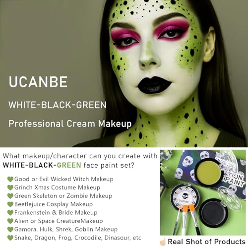 Kids & Adults Halloween Face Paint Set with Brushes - Black White Ogre Green Variation