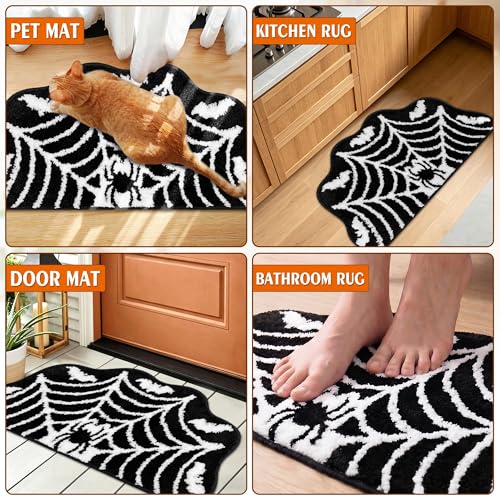 Halloween Spider Web Bath Mat - Gothic Bathroom Rug with Non-Slip Back - Spider Bath Variation