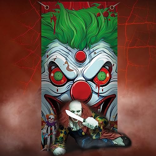 Scary Clown Halloween Door Decoration - Horror Joker Entrance Banner, 70.9 x 35.4 Inches