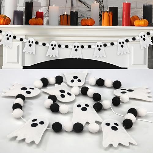 Halloween Ghost Felt Garland with Pom Poms - 4 Ft Spooky Party Decor