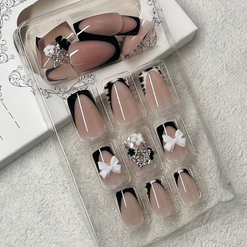 Press On Nails Short Square with Bow Charms and Zebra Print - 24 Pack