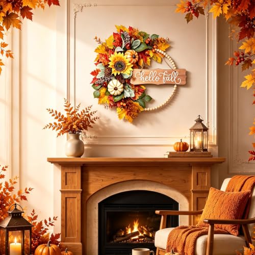 20 Inch Fall Wreath with Wooden Beads and Autumn Decorations - Front Door Decor