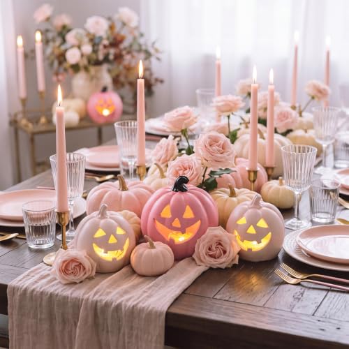 Pink Halloween Pumpkin Decor Set - 3 LED Lighted Flocked Resin Ornaments