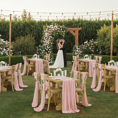 10ft Chiffon Table Runner Set - Dusty Rose 10 Pieces with Ribbons for Weddings