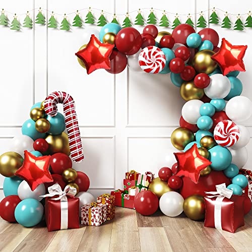 Christmas Balloon Arch Kit - Red, Teal, White Party Decorations with Candy Cane