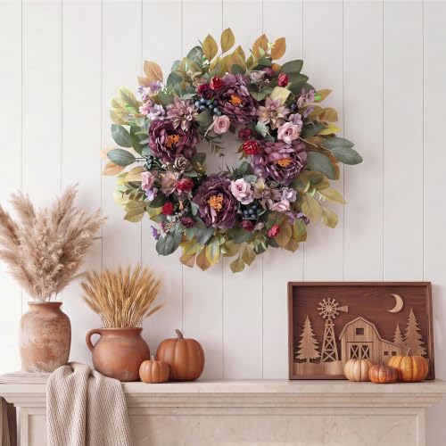 Purple Fall Wreath for Front Door - 24 Inch Autumn Decoration, Handcrafted with Flowers & Berries