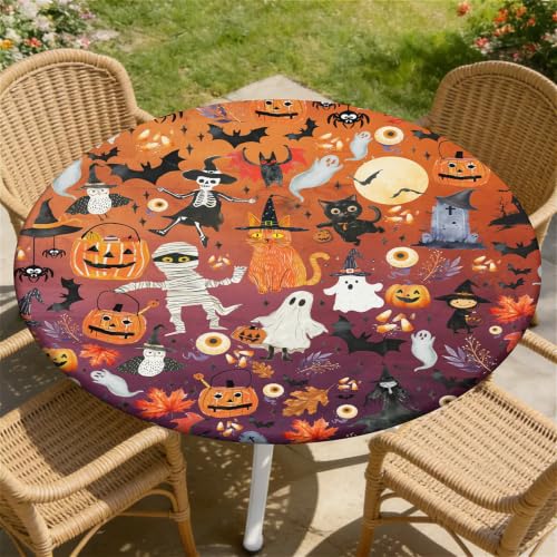 Hallowmas Round Waterproof Tablecloth with Elastic Edge - 52 Inch Fits 36-60 Inch Tables