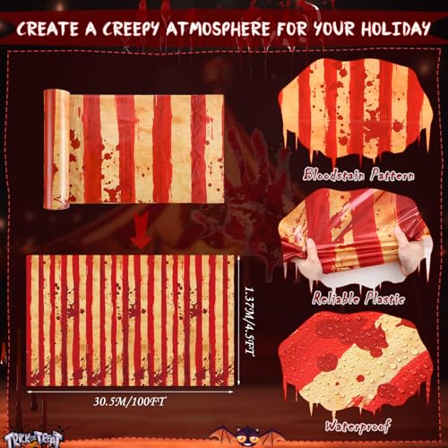 14.2 x 3.4 Inch Creepy Carnival Tablecloth Roll - Bloody Red & White Stripes for Halloween Party Decorations