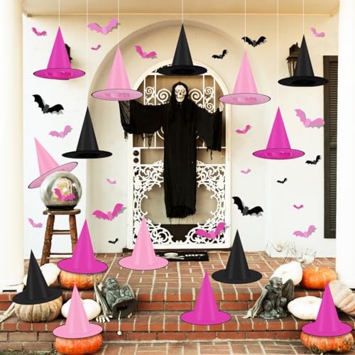 Halloween Witch Hats Set - Black and Pink Hanging Porch Yard Decor
