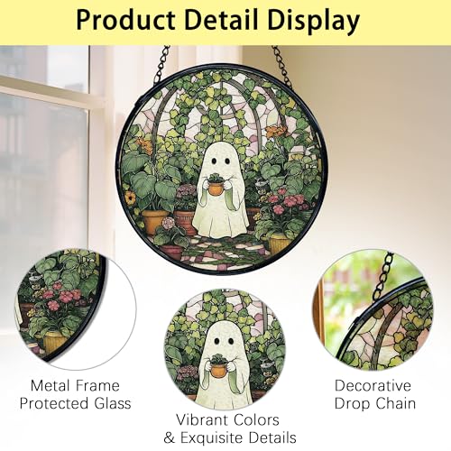 Halloween Ghost Stained Glass Window Hanging - Indoor Sun Catcher, 7.9 Inch