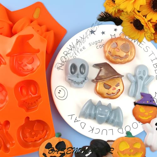 Halloween Silicone Cake & Candy Molds - Pumpkin Bat Skull Ghost Shapes, 2 Pack