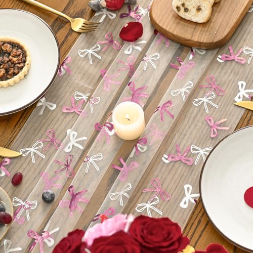 Pink Bow Beige Gauze Table Runner 120 Inch 10FT - Valentine’s Day Wedding Decor