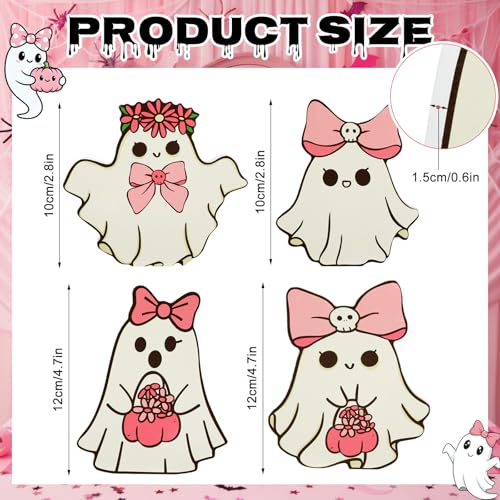 Pink Halloween Ghost Table Decorations - Coquette Bows Ghost - 4 Pcs Wooden Figurines for Home & Party
