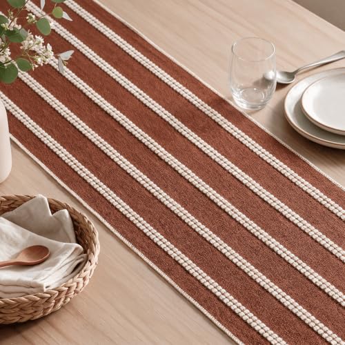 Caramel Farmhouse Dashed Stripe Table Runner - 12x72 Inch Seasonal Holiday Decor - Boho Rustic Kitchen Dining