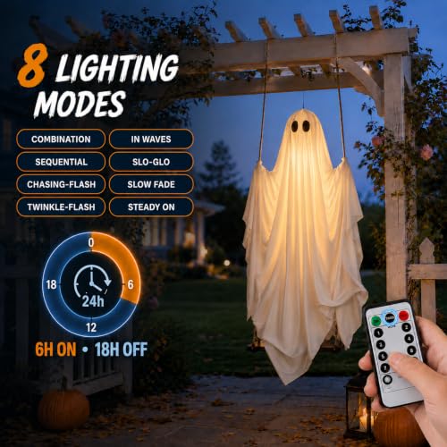 5 Ft Halloween Hanging Ghost Swing Decoration with LED Lights, Remote & Timer
