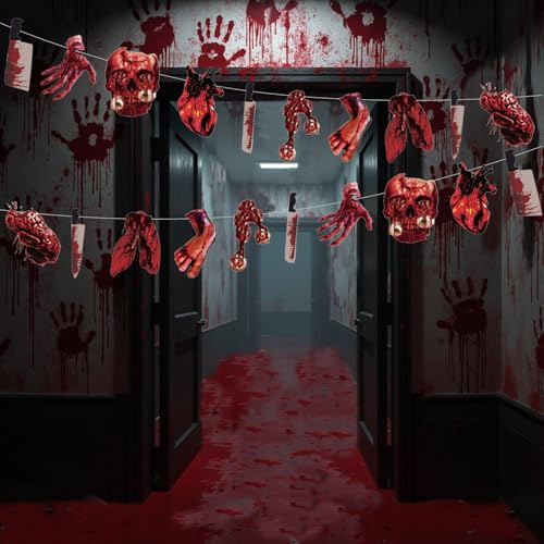 Halloween Party Banner with Fake Knives & Red Splatter Effects – Creepy Haunted House Decorations (4 Pieces)