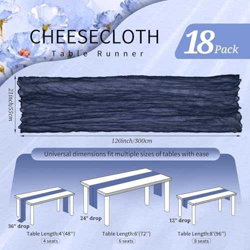Navy Blue Cheesecloth Table Runner Set - 18 Pack, 10FT Rustic Wedding & Party Decor