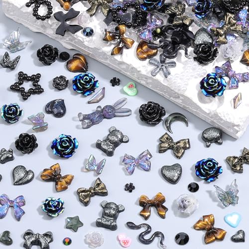 3D Butterfly Rose Flower Bow Rabbit Nail Charms Kit Black Variation