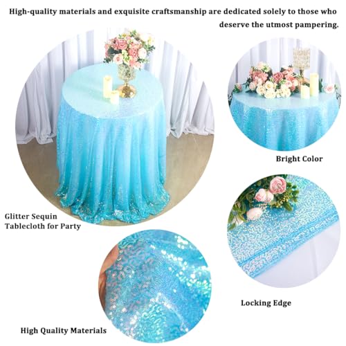 Iridescent Blue Sequin Round Tablecloth 72 Inch Glitter Overlay for Weddings & Parties
