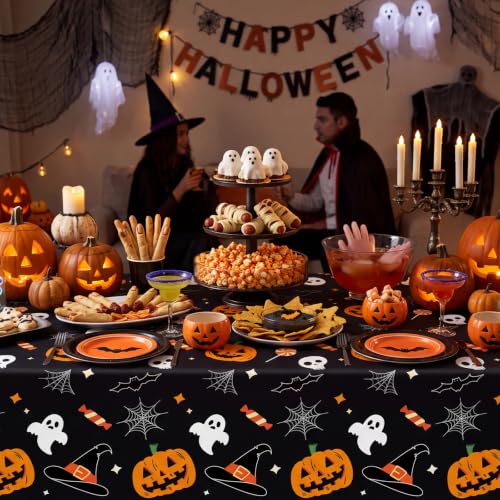 Halloween Pumpkin Ghost Plastic Table Cover Roll - 3600 x 54 Inches, Disposable with Slide Cutter