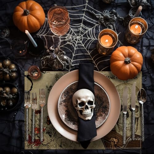 Gothic Halloween Placemats with Runner Set - Spooky Forest Skull Bat Table Decor