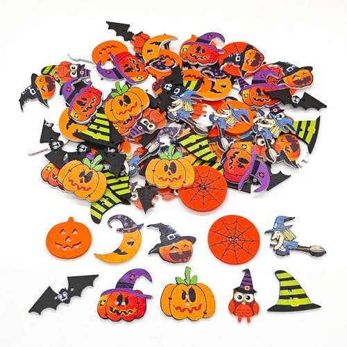 Halloween Shape Wooden Buttons Set - 100 Mixed Spooky Shapes for Crafts & Decorations
