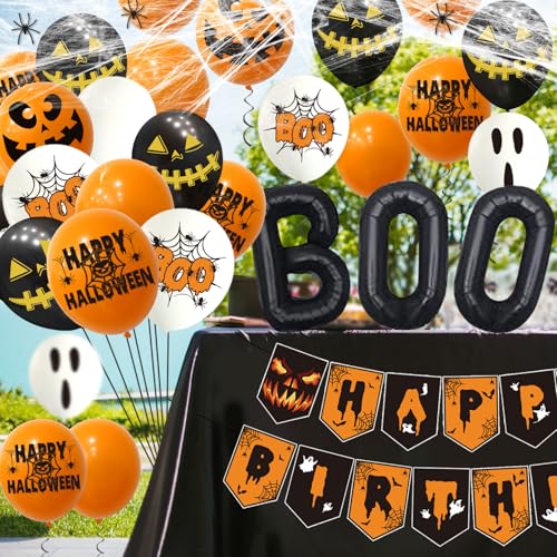 Halloween Birthday Party Decorations Set with Banner Balloons & Webs